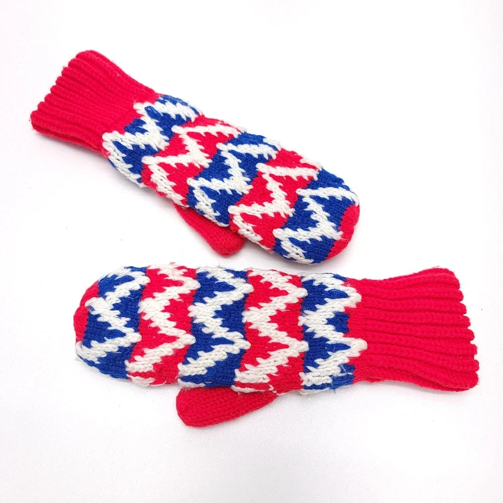 Vintage Mittens Red White & Blue Handmade Knitted Size Medium‎ Cozy Warm